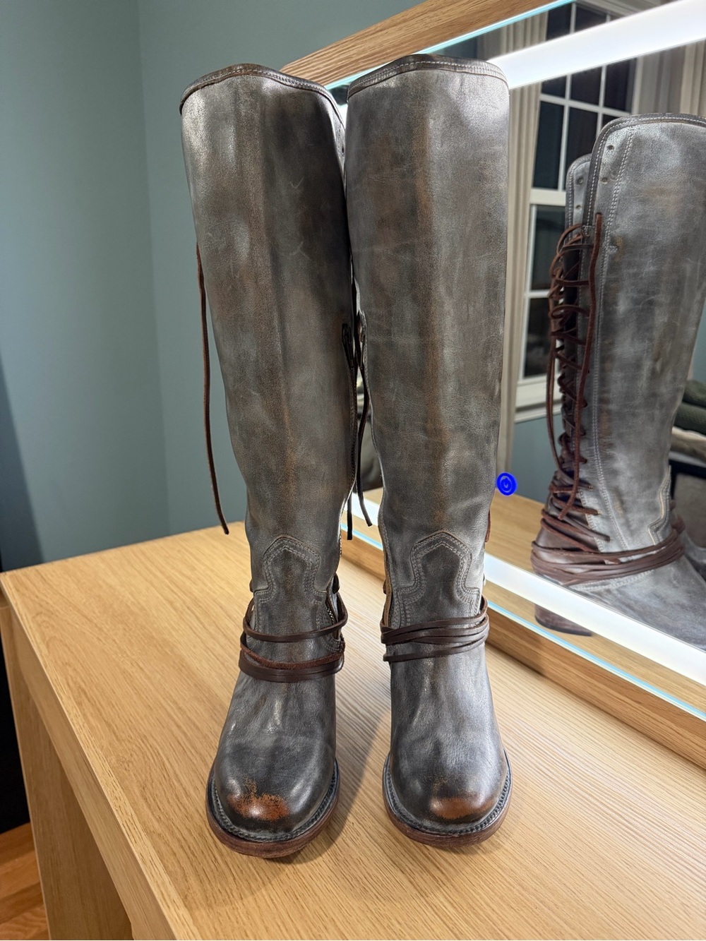Freebird Coal Gray-Brown Leather Lace-Up Knee high Boots